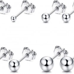 4 Pairs 925 Earrings For Women Girls Round Ball Small Stud Earrings Set 2; 3; 4; 5 Mm